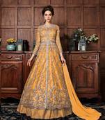 Yellow Embroidered Net Semi Stitched Salwar With Dupatta