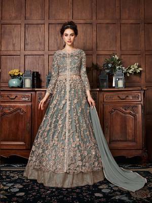 Grey Embroidered Net Semi Stitched Salwar With Dupatta 1