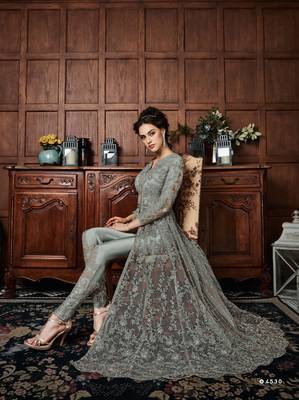 Grey Embroidered Net Semi Stitched Salwar With Dupatta 2
