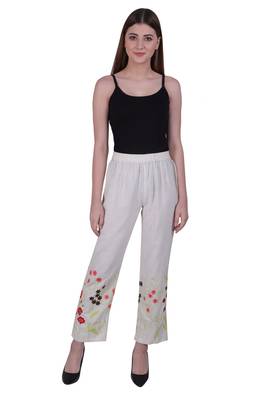 Beige Embroidered Cotton Trousers 1