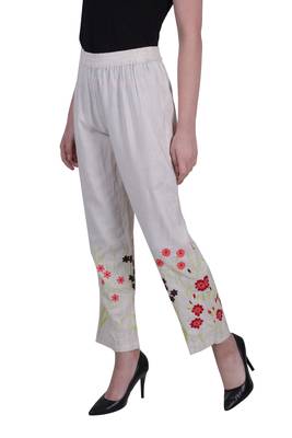 Beige Embroidered Cotton Trousers 2