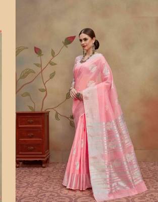 Light Pink Woven Silver Butta Linen Saree With Blouse 1
