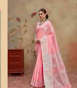 Light Pink Woven Silver Butta Linen Saree With Blouse