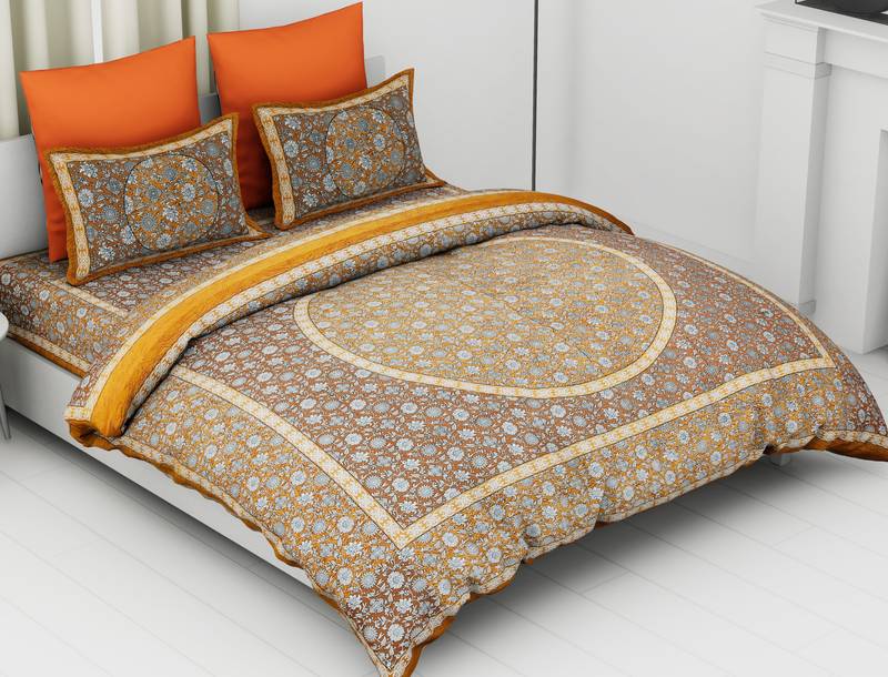 Mustard Cotton Floral Double Bedsheet with 2 Pillow Covers SheetKart