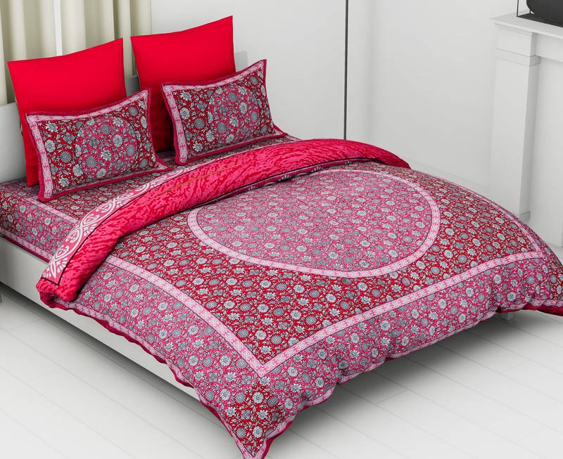 Red Cotton Floral Double Bedsheet with 2 Pillow Covers SheetKart 3210755