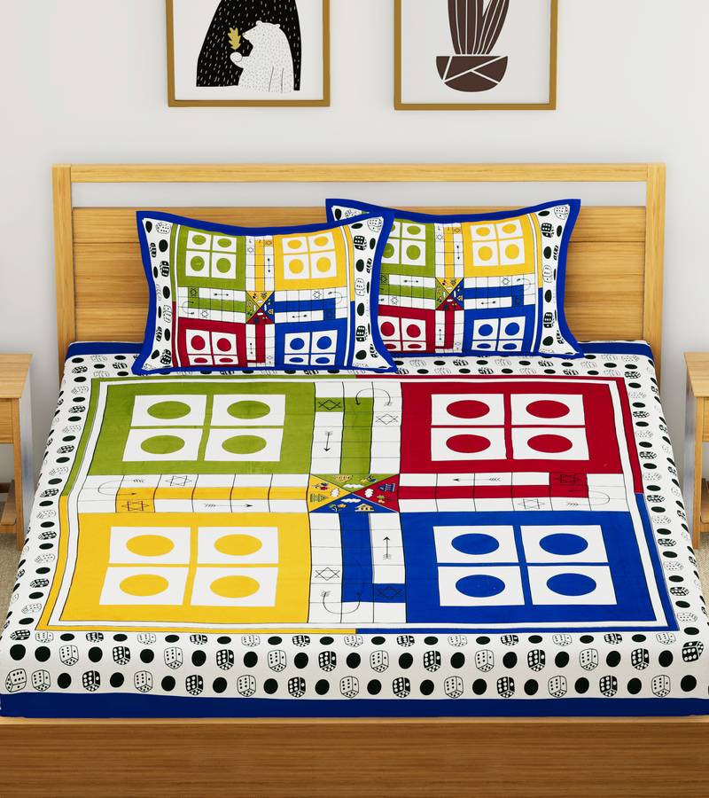 Multi Cotton Ludo Double Bedsheet with 2 Pillow Covers