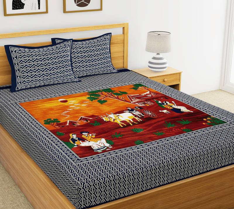 Blue Cotton Ethnic Rajasthani Village Double Bedsheet with 2 Pillow Covers