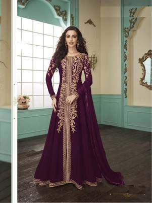 Wine Embroider Codding Work Georgette Gown Style Suit  1