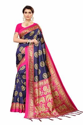 Navy Blue Printed Art Silk Saree With Blouse 1