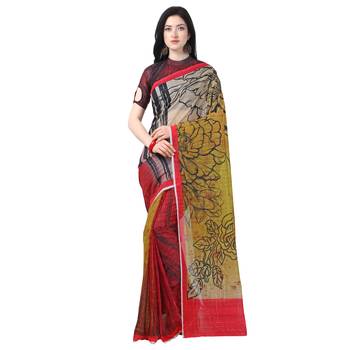 Women   s  red Chanderi Floral Printed Designer Saree 1