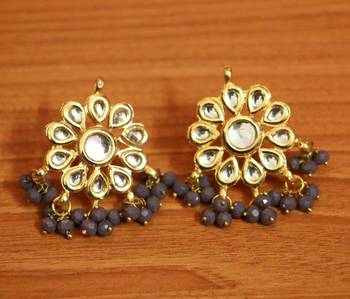 Purple Brass Yellow Gold Plated Kundan Floral Drop Earrings 1