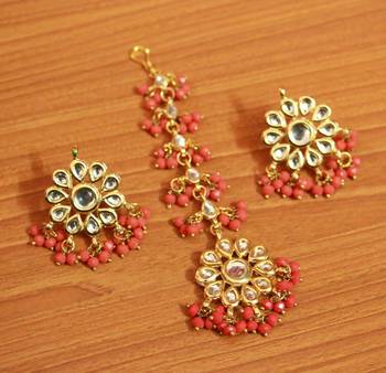 Orange Crystal Kundan Meenakari Earrings With Maang Tikka 1