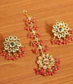 Orange Crystal Kundan Meenakari Earrings With Maang Tikka