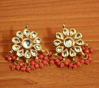 Orange Crystal Kundan Meenakari Earrings With Maang Tikka 2