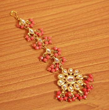 Orange Crystal Kundan Meenakari Earrings With Maang Tikka 3