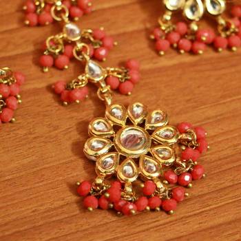 Orange Crystal Kundan Meenakari Earrings With Maang Tikka 4