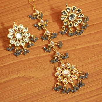 Grey Crystal Kundan Meenakari Tikka With Earrings 1