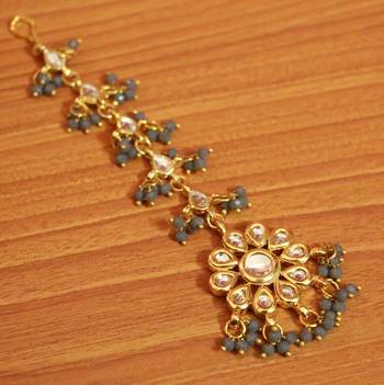 Grey Crystal Kundan Meenakari Tikka With Earrings 3