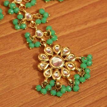 Green Crystal Kundan Meenakari Tikka With Earrings 4