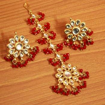 Red Crystal Kundan Meenakari Tikka With Earrings 1