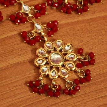 Red Crystal Kundan Meenakari Tikka With Earrings 4