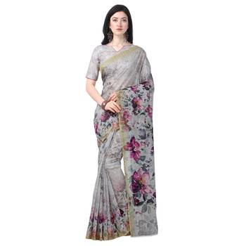 Women   s  off white Chanderi Floral Printed Designer Saree 1