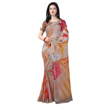 Women   s  off white Lilen Cotton Floral Printed Designer Saree 1