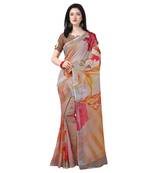Women   s  off white Lilen Cotton Floral Printed Designer Saree