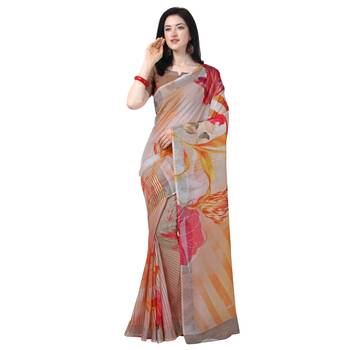 Women   s  off white Lilen Cotton Floral Printed Designer Saree 2