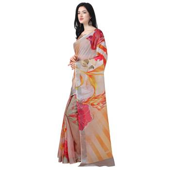 Women   s  off white Lilen Cotton Floral Printed Designer Saree 3