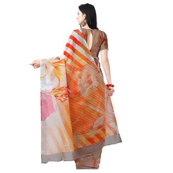 Women   s  off white Lilen Cotton Floral Printed Designer Saree 4