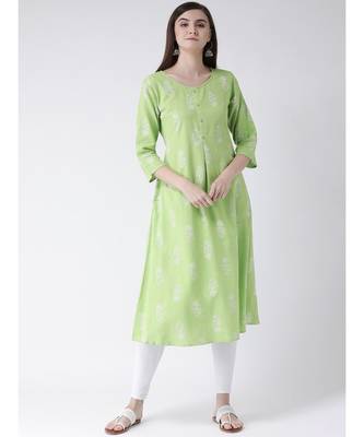 Women Green Cotton A-line Kurta 1