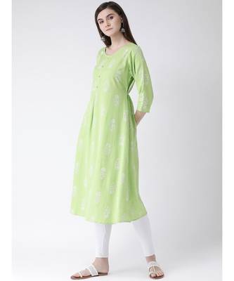 Women Green Cotton A-line Kurta 2
