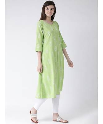 Women Green Cotton A-line Kurta 3