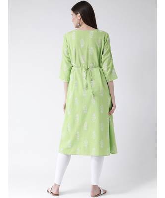 Women Green Cotton A-line Kurta 4