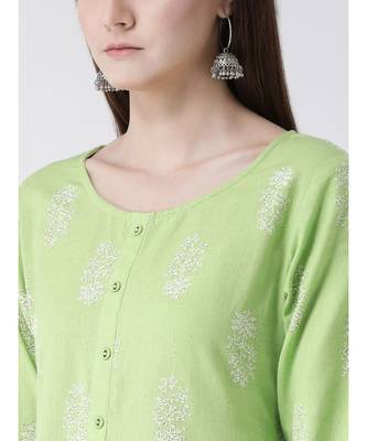 Women Green Cotton A-line Kurta 6
