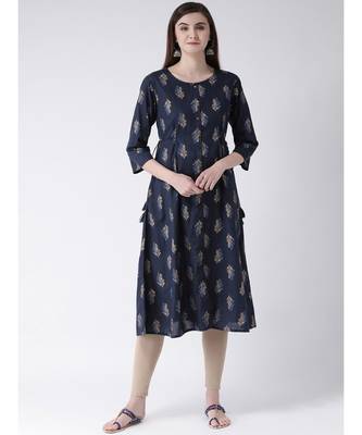 Women Blue Cotton A-line Kurta 1