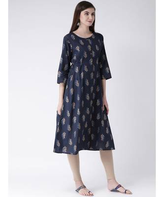 Women Blue Cotton A-line Kurta 3