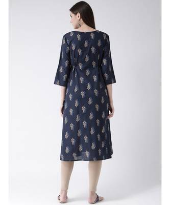 Women Blue Cotton A-line Kurta 4