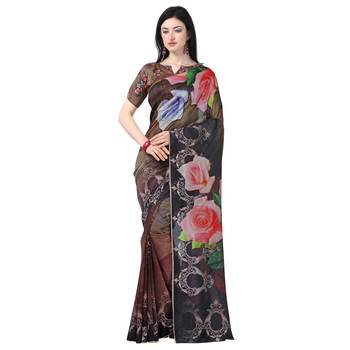 Women   s  brown Tussar Silk Floral Printed Designer Saree 1