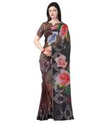 Women   s  brown Tussar Silk Floral Printed Designer Saree