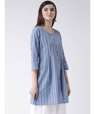 Women Blue Cotton A-line Kurta 2