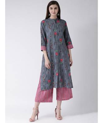 Women Cotton Grey Kurta Palazzo Set 1