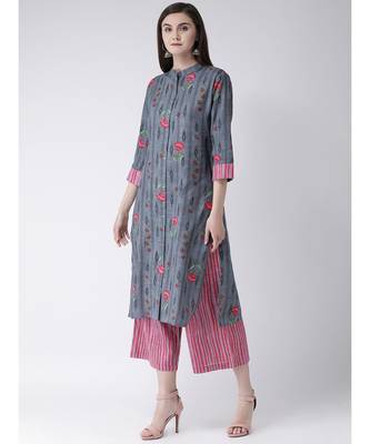 Women Cotton Grey Kurta Palazzo Set 2