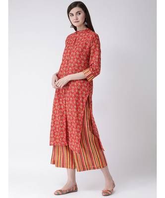 Women Cotton Red Kurta Palazzo Set 2