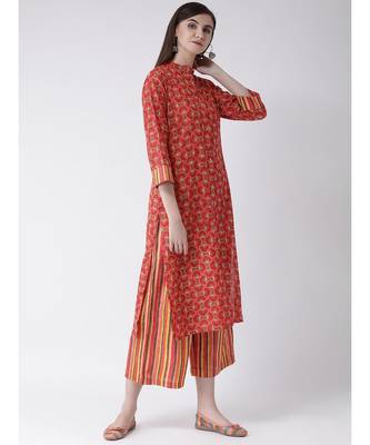 Women Cotton Red Kurta Palazzo Set 3