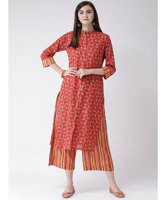 Women Cotton Red Kurta Palazzo Set 5