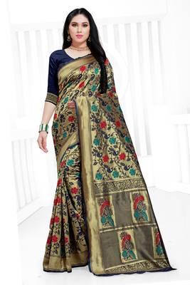 Blue hand woven banarasi silk saree with blouse 1