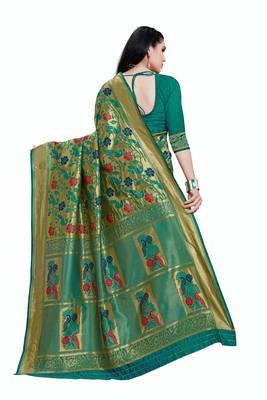 Green hand woven banarasi silk saree with blouse 2