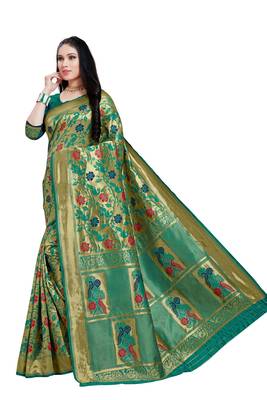 Green hand woven banarasi silk saree with blouse 3